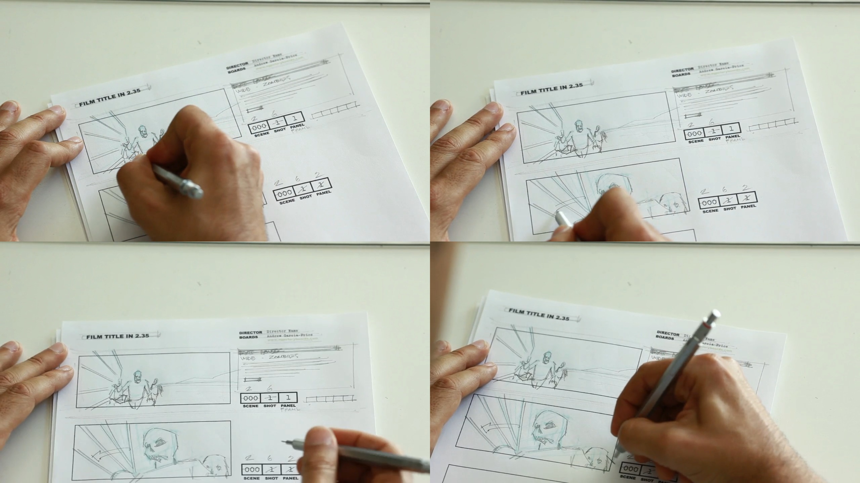Drew García-Price uses a 0.5 mm mechanical pencil to plan out each scene for his zombie movie.