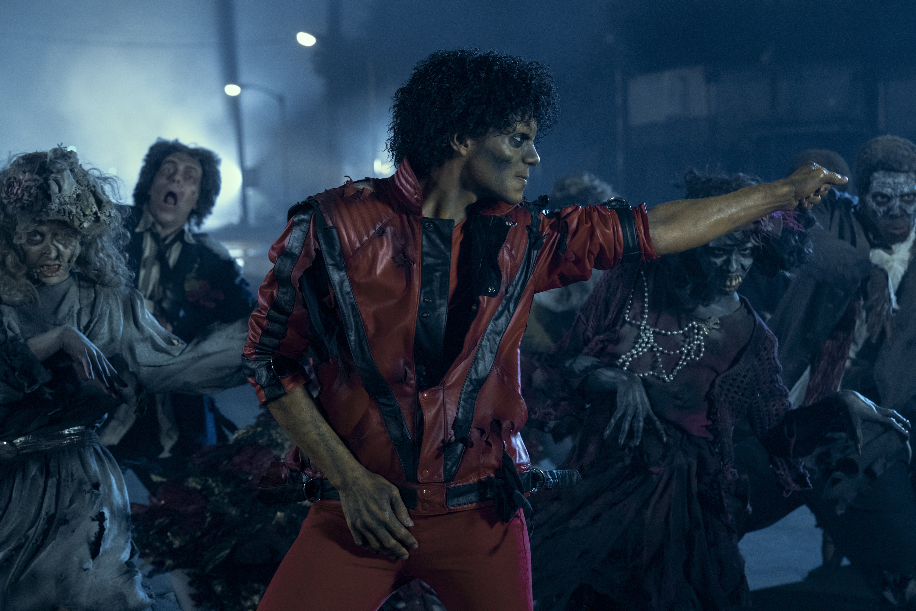 Jaafar Jackson as Michael Jackson&nbsp;in zombie makeup for the Thriller music video segment of Michael.&nbsp;Image courtesy Lionsgate.