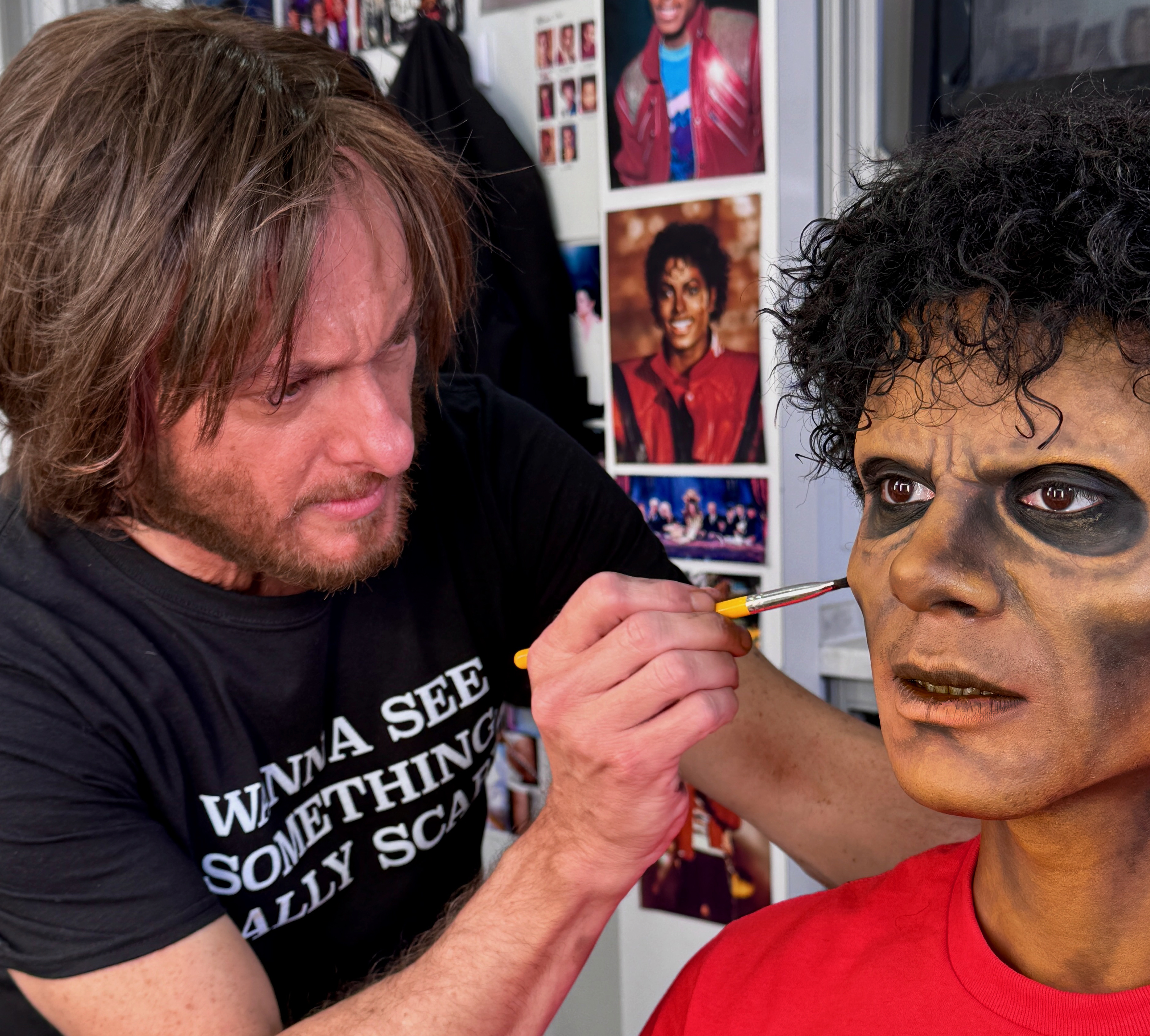Bill Corso, in makeup and costume as Rick Baker, turns Jaafar&nbsp;Jackson into the Michael Jackson&nbsp;dancing zombie.&nbsp;Images courtesy Bill Corso/Lionsgate.