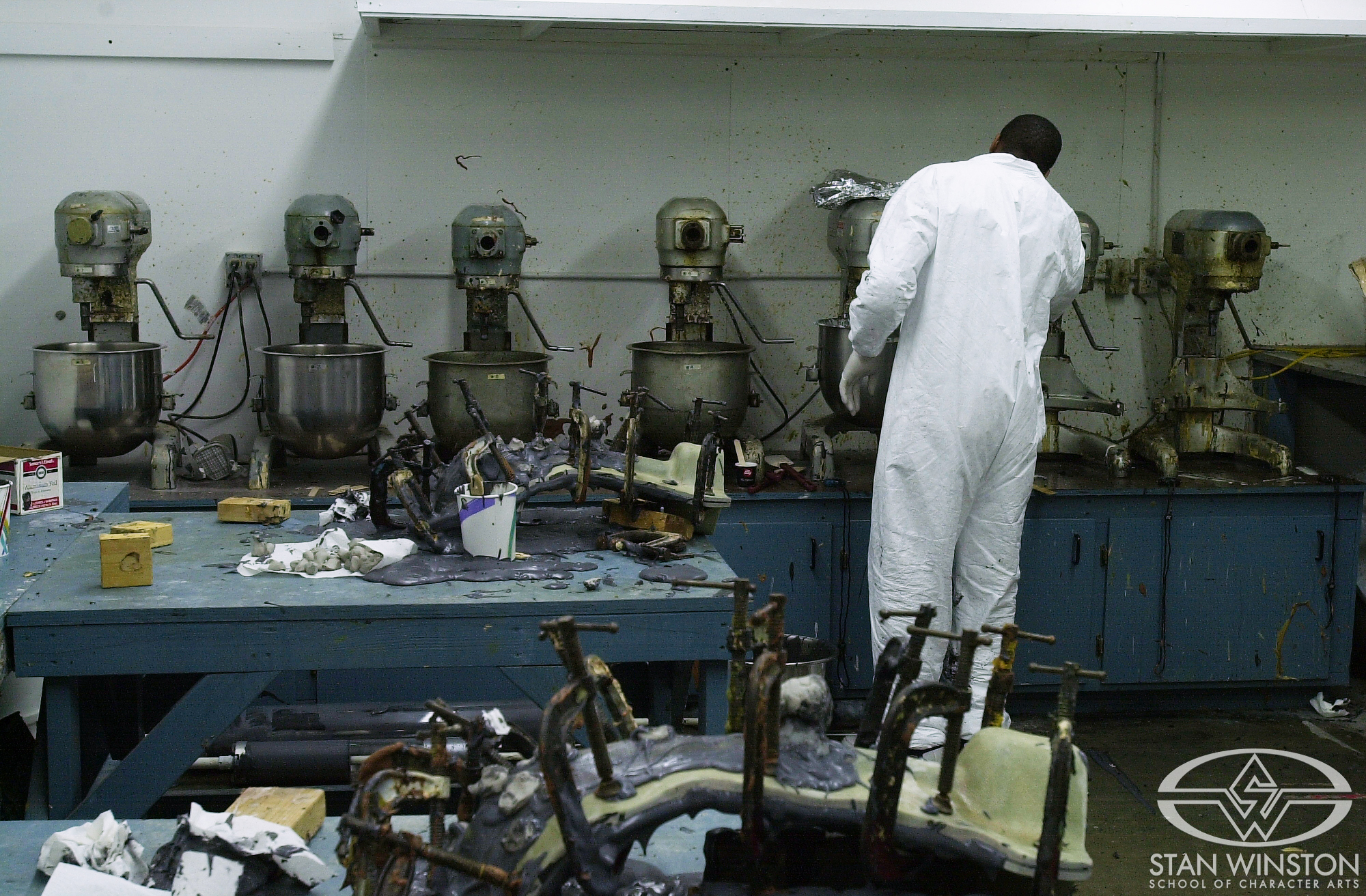 Prepping industrial mixers for foam latex to make prosthetics for The Deaths of Ian Stone.