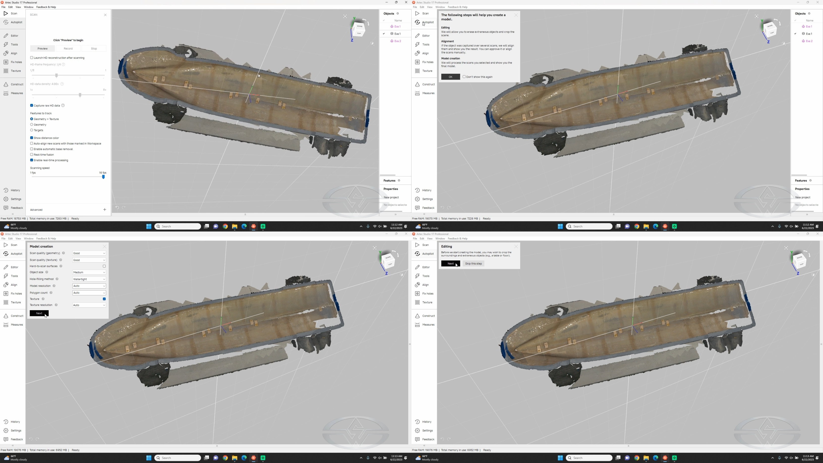 Fon Davis confirms the details of his scan and merges the object's geometry using the “Autopilot” tool on the default settings.