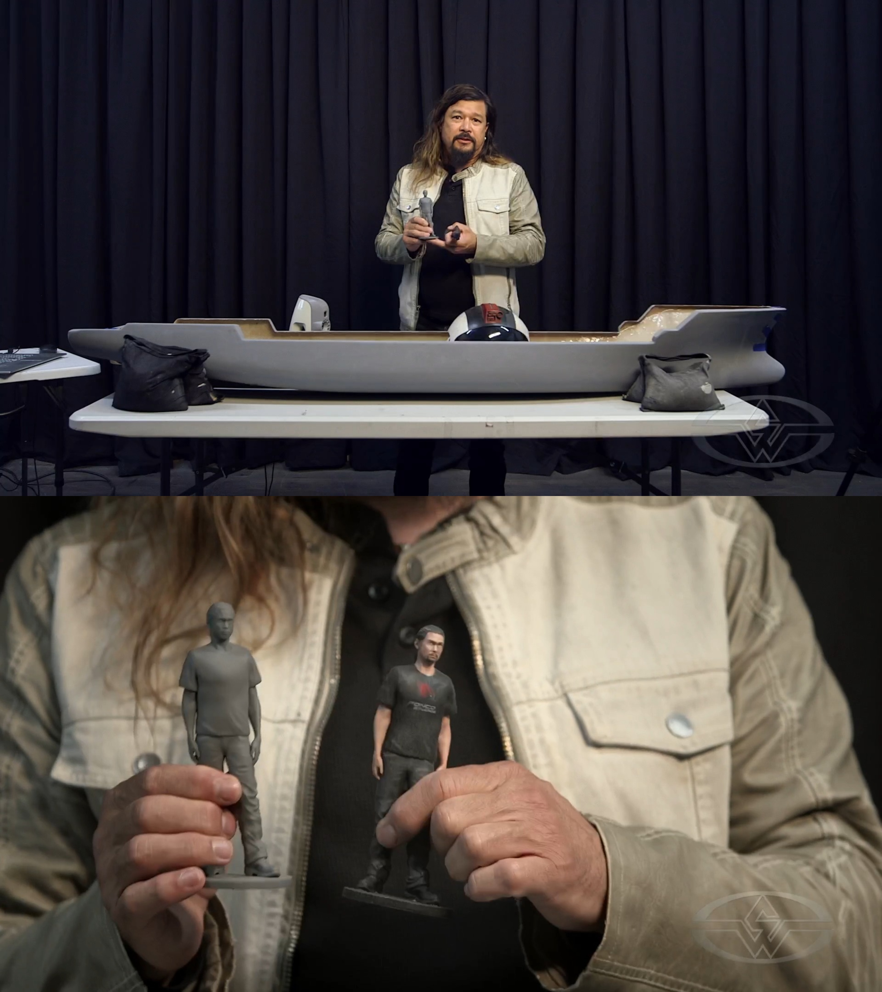 Fon Davis holds up action figures of himself: one printed in gray resin and the other in color to show the results of scanning a human form.