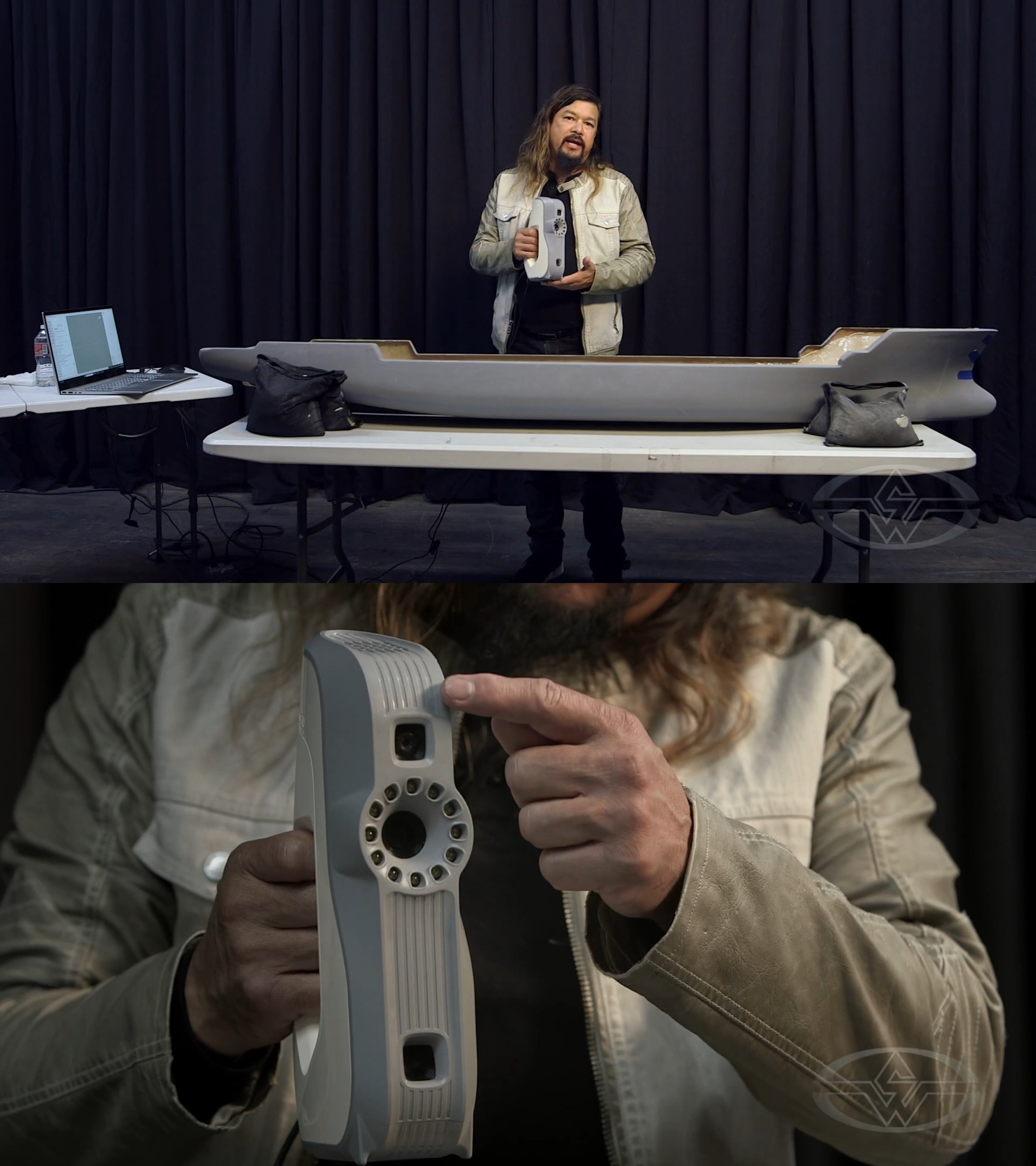 Fon Davis uses his Artec Eva professional handheld 3D scanner and points out its multiple cameras.