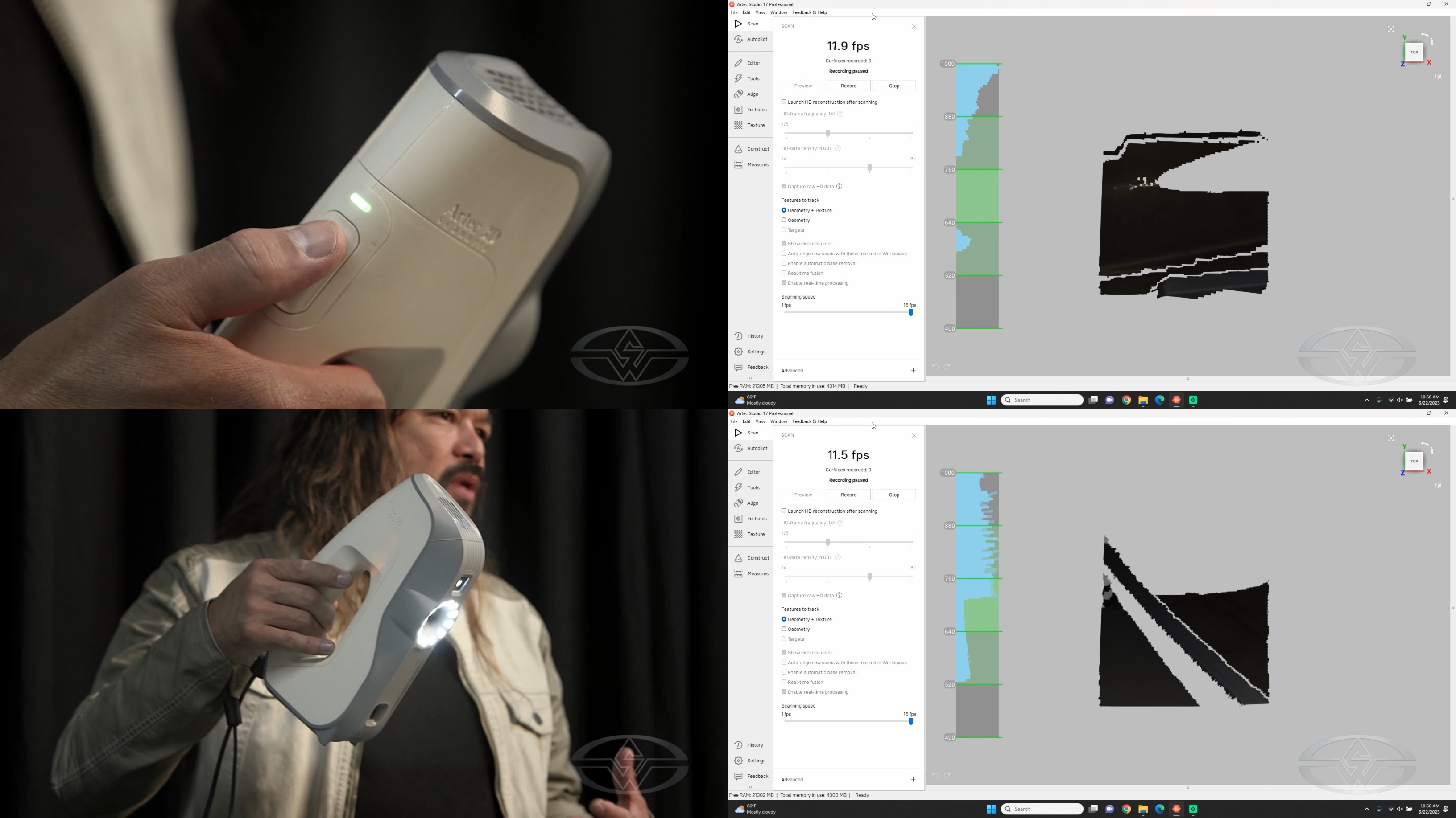 Fon Davis presses “Preview” on the 3D scanner to make sure he's getting the information he wants in the scan.