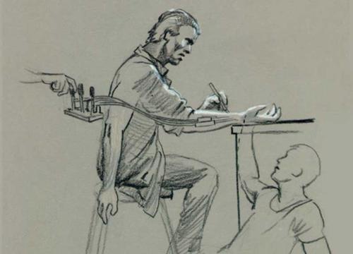 ames Cameron's concept for puppeteering the hand in the arm surgery scene. Image courtesy of Hemdale Film, Pacific Western Productions, Euro Film Funding, and Cinema '84.
