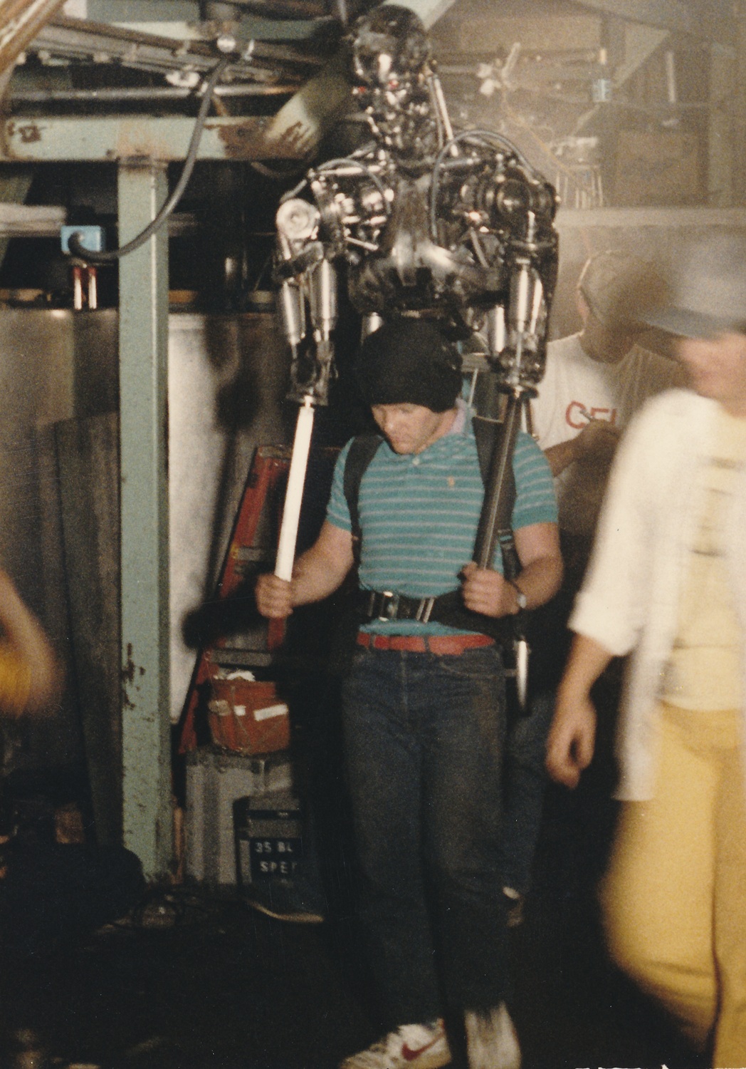 Shane Mahan prepares for shooting the scene where the Terminator chases Sarah Connor and Kyle Reese through the factory.&nbsp;Image courtesy of Hemdale Film, Pacific Western Productions, Euro Film Funding, and Cinema '84.