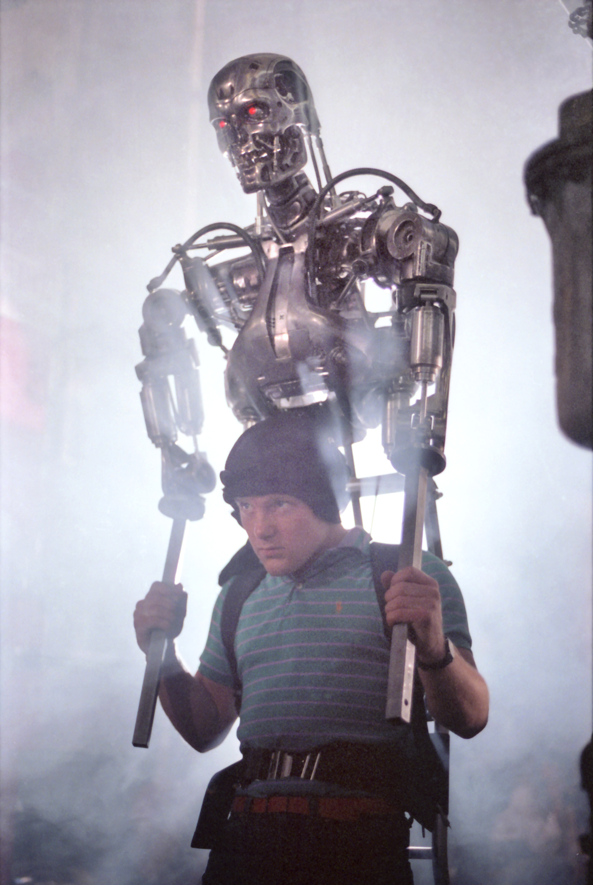 Shane Mahan wearing the detached torso and head on a backpack rig on the set of The Terminator.&nbsp;Image courtesy of Hemdale Film, Pacific Western Productions, Euro Film Funding, and Cinema '84.
