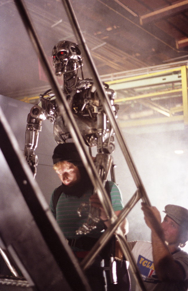 Shane Mahan, wearing the backpack rig on set of The Terminator.&nbsp;Image courtesy of Hemdale Film, Pacific Western Productions, Euro Film Funding, and Cinema '84.