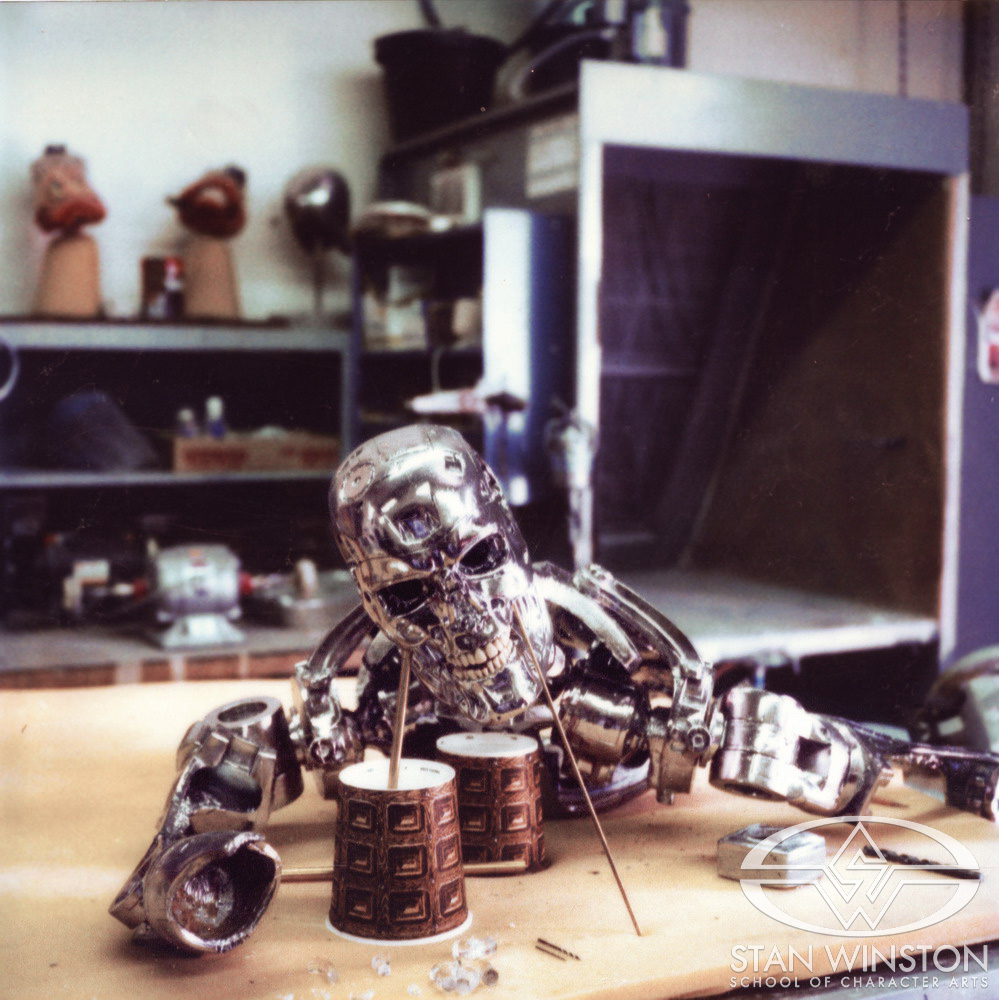 Work-in-progress head-and-arm Terminator puppet at Stan Winston Studio.