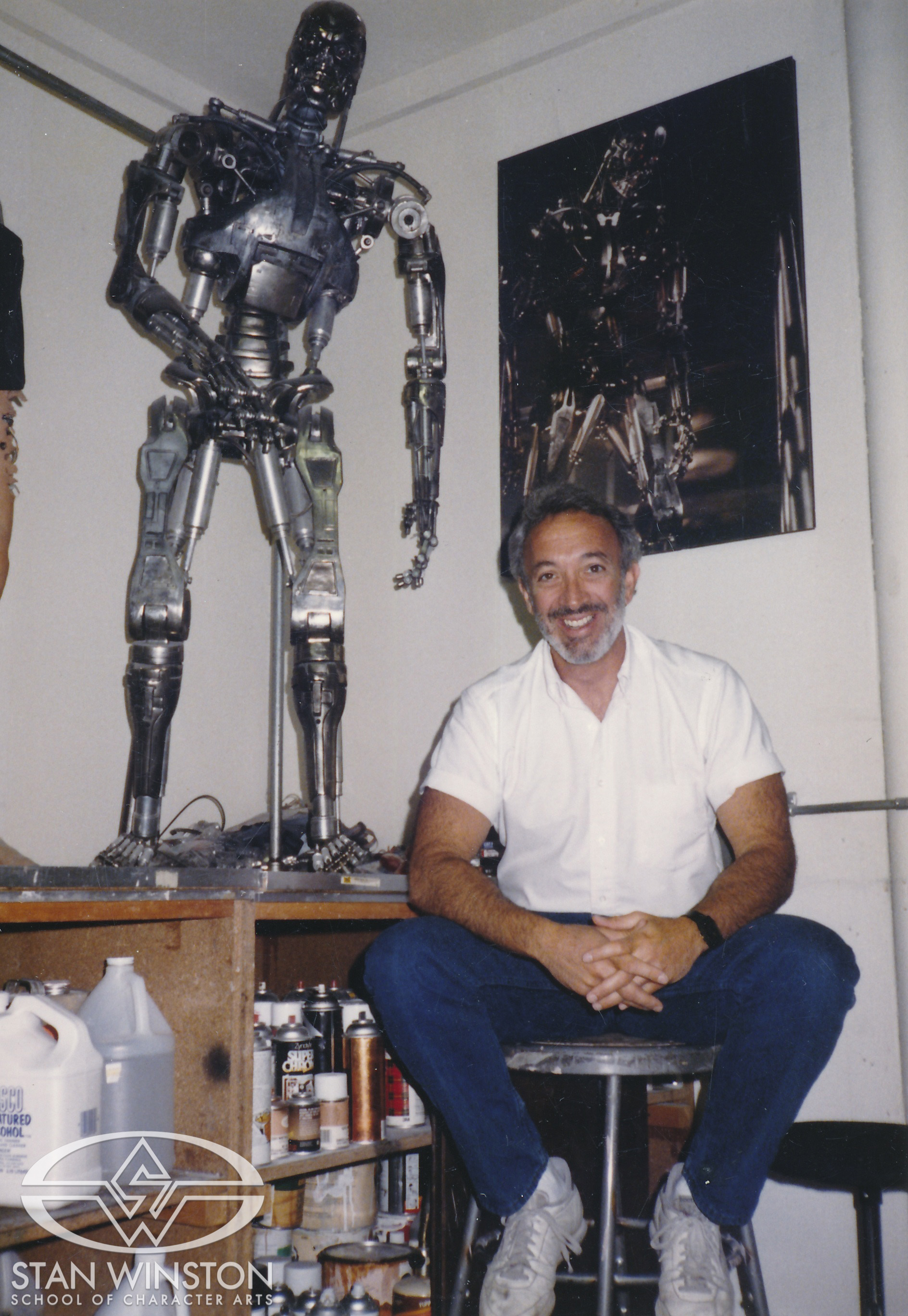 Stan Winston with a Terminator puppet at Stan Winston Studio.