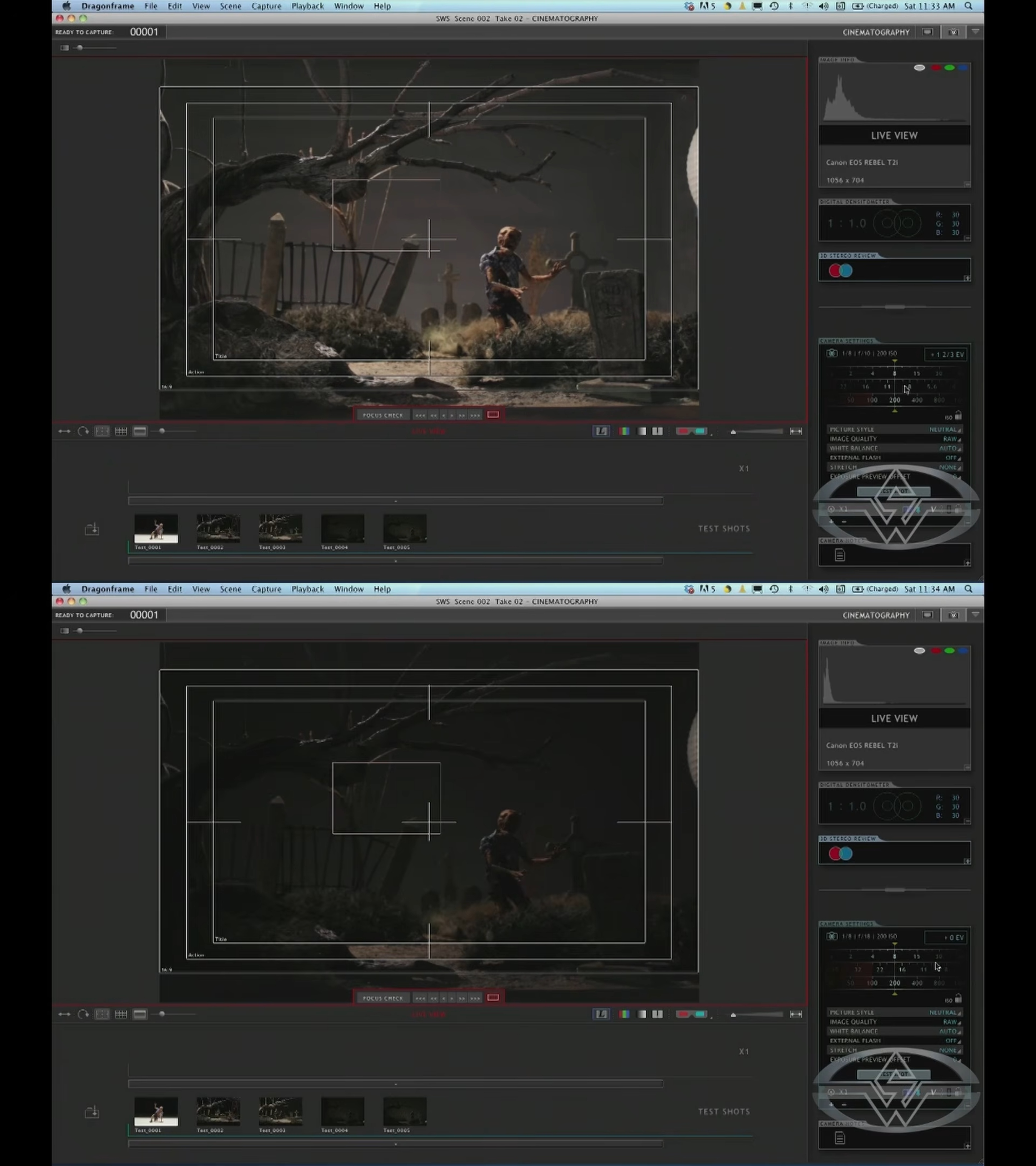Edward Chiodo closes the camera aperture to see how the lighting will look when it's recorded.
