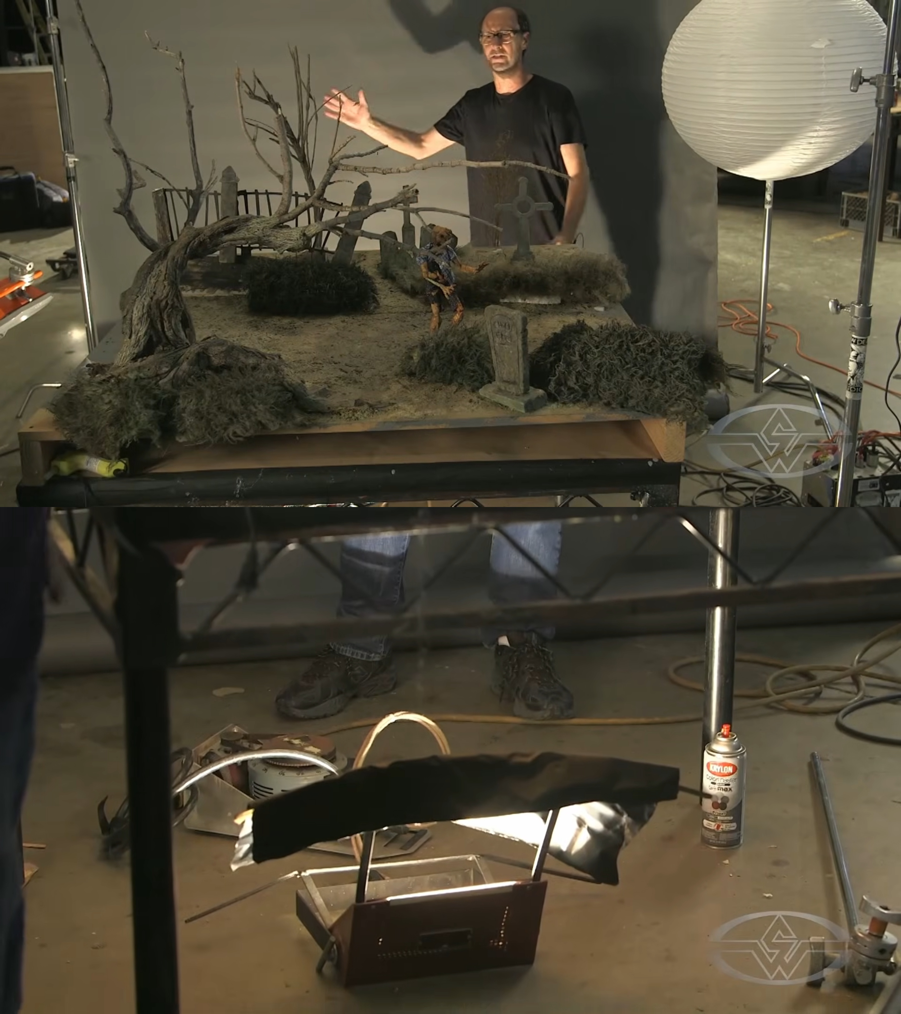Stephen Chiodo shows what their lighting setup looks like with a light on the background and a small ground light below the set.