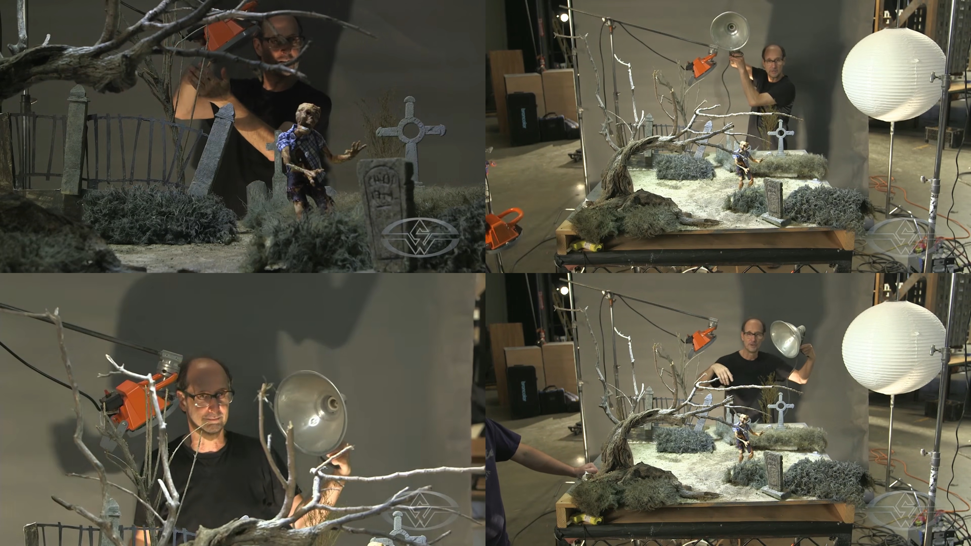 To recreate moonlight, Stephen Chiodo brings out his utility light and clamp light.